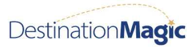 Stylized text logo for Destination Magic with a yellow star and arc above the text, suggesting movement or travel.